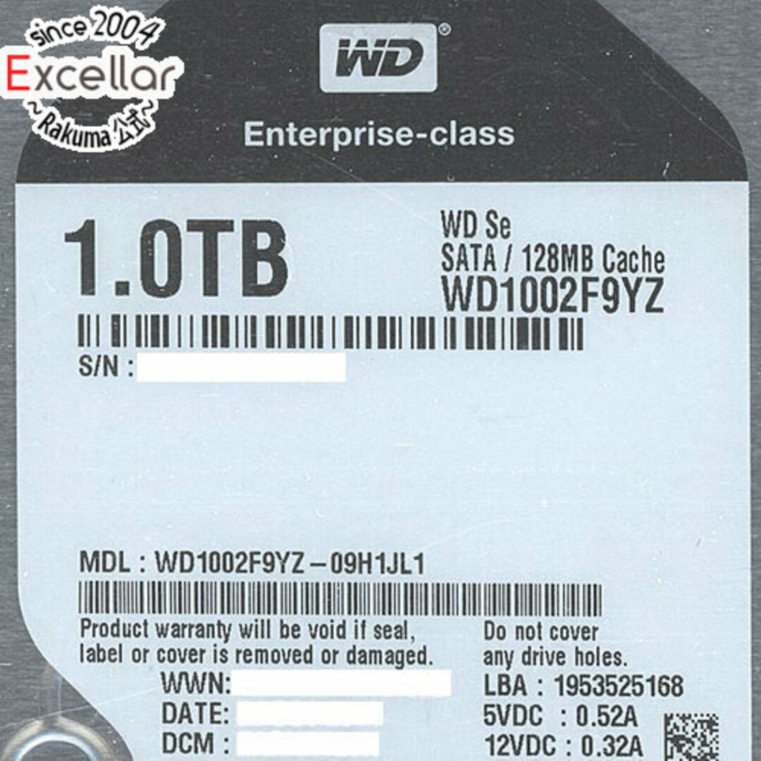 Western Digital(ウエスタンデジタル)のWestern Digital製HDD WD1002F9YZ 1TB SATA600 7200 スマホ/家電/カメラのPC/タブレット(PC周辺機器)の商品写真