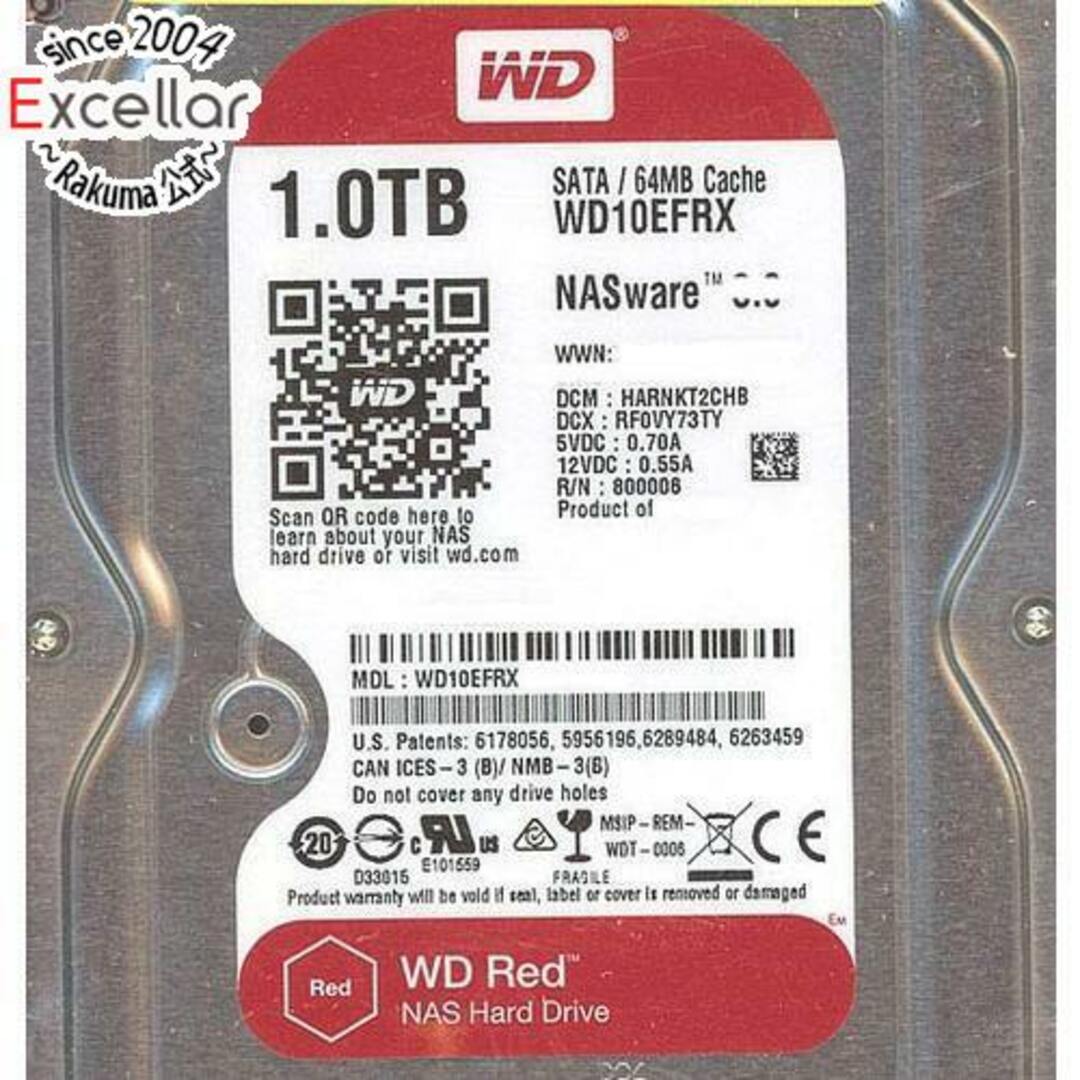 Western Digital(ウエスタンデジタル)のWestern Digital製HDD WD10EFRX 1TB SATA600 500~1000時間以内 スマホ/家電/カメラのPC/タブレット(PC周辺機器)の商品写真