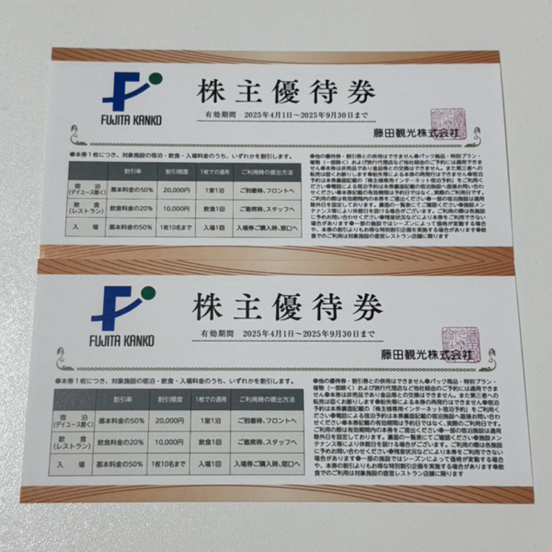 藤田観光 株主優待券2枚 宿泊 飲食 入場割引券 ワシントンホテル ユネッサン チケットの施設利用券(その他)の商品写真