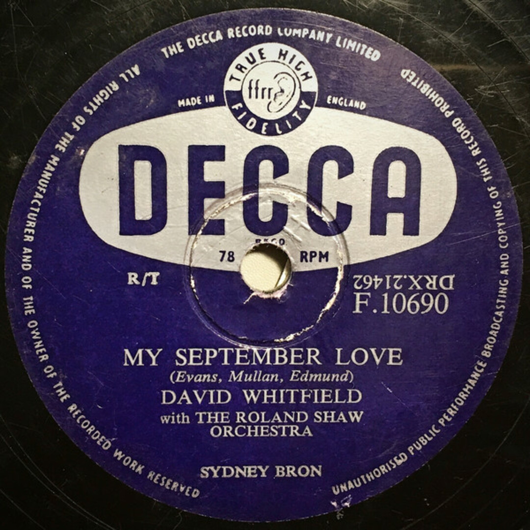 英78RPM/SP David Whitfield With The Roland Shaw Orchestra My September Love / The Rudder And The Rock F10690 Decca /00500 エンタメ/ホビーのエンタメ その他(その他)の商品写真