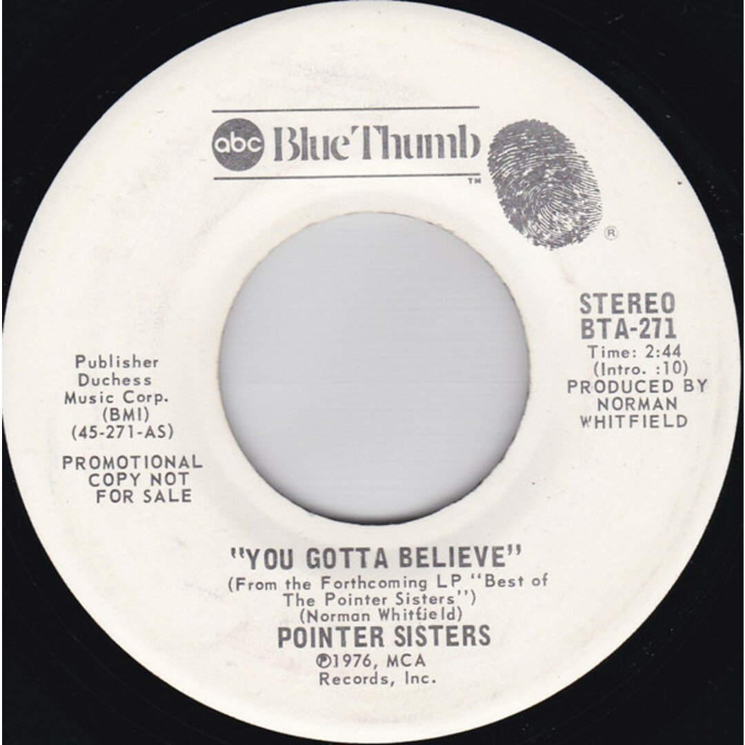 米7" Pointer Sisters You Gotta Believe BTA271PROMO ABC Blue Thumb プロモ /00080 エンタメ/ホビーのエンタメ その他(その他)の商品写真