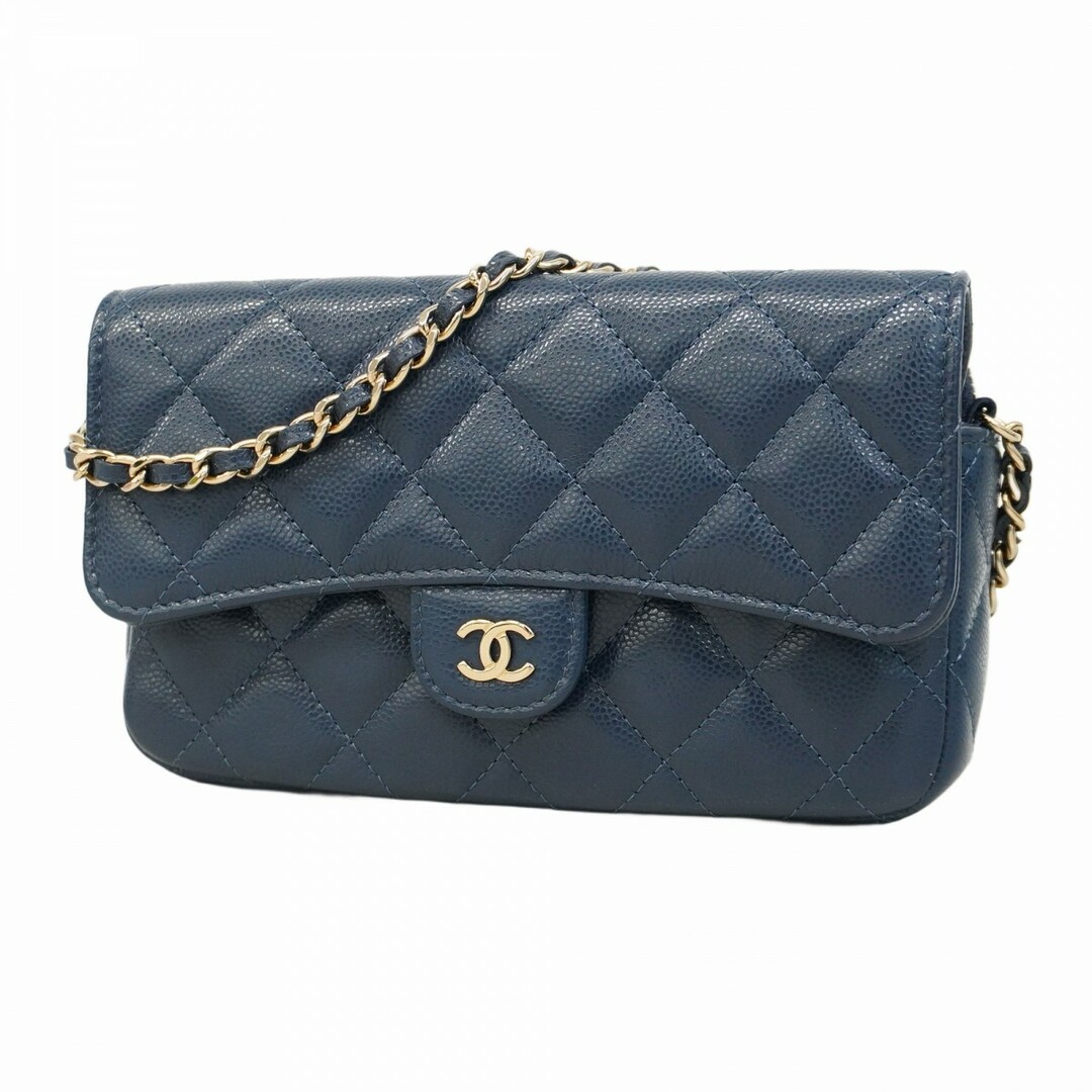 CHANEL - ★SALE【5eb0984】シャネル ショルダーウォレット マトラッセ チェーンショルダー キャビアスキン ネイビー シャンパンゴールド金具【中古】レディース