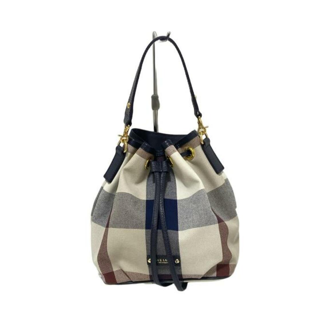 BLUE LABEL CRESTBRIDGE - BLUE LABEL CRESTBRIDGE(ブルーレーベルクレストブリッジ) ハンドバッグ - 白×ダークネイビー×マルチ チェック柄/巾着型 レザー