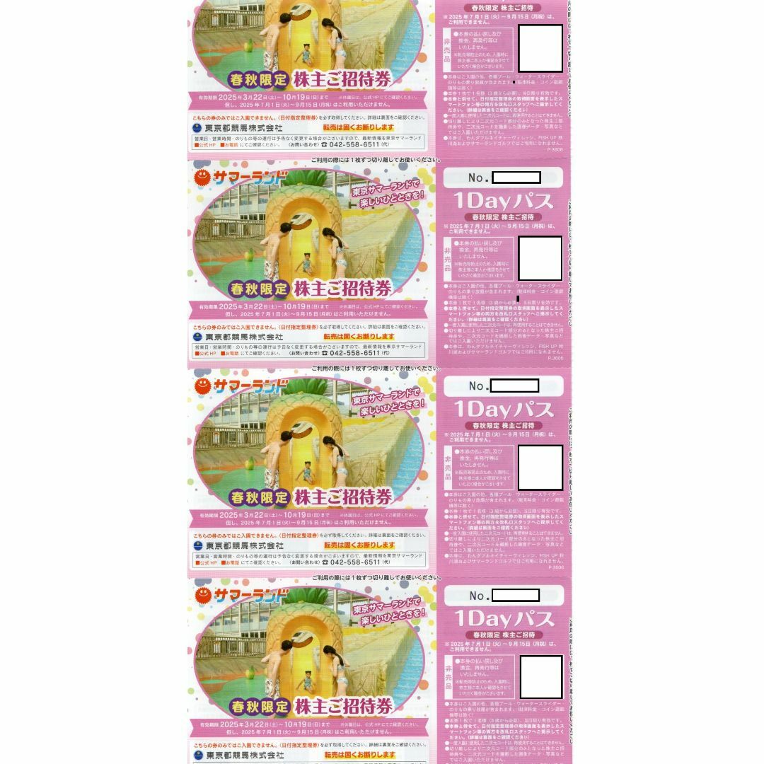 サマーランド 株主優待 1Dayパス 4枚セット 春秋限定 即日発送可 チケットの施設利用券(遊園地/テーマパーク)の商品写真