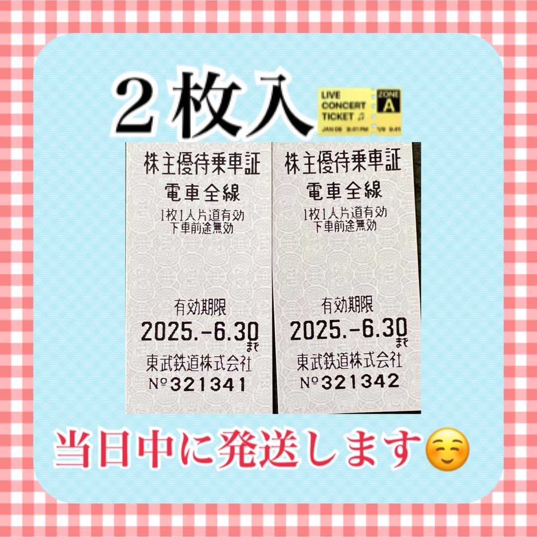 東武鉄道株主優待乗車券 2まい チケットの乗車券/交通券(鉄道乗車券)の商品写真