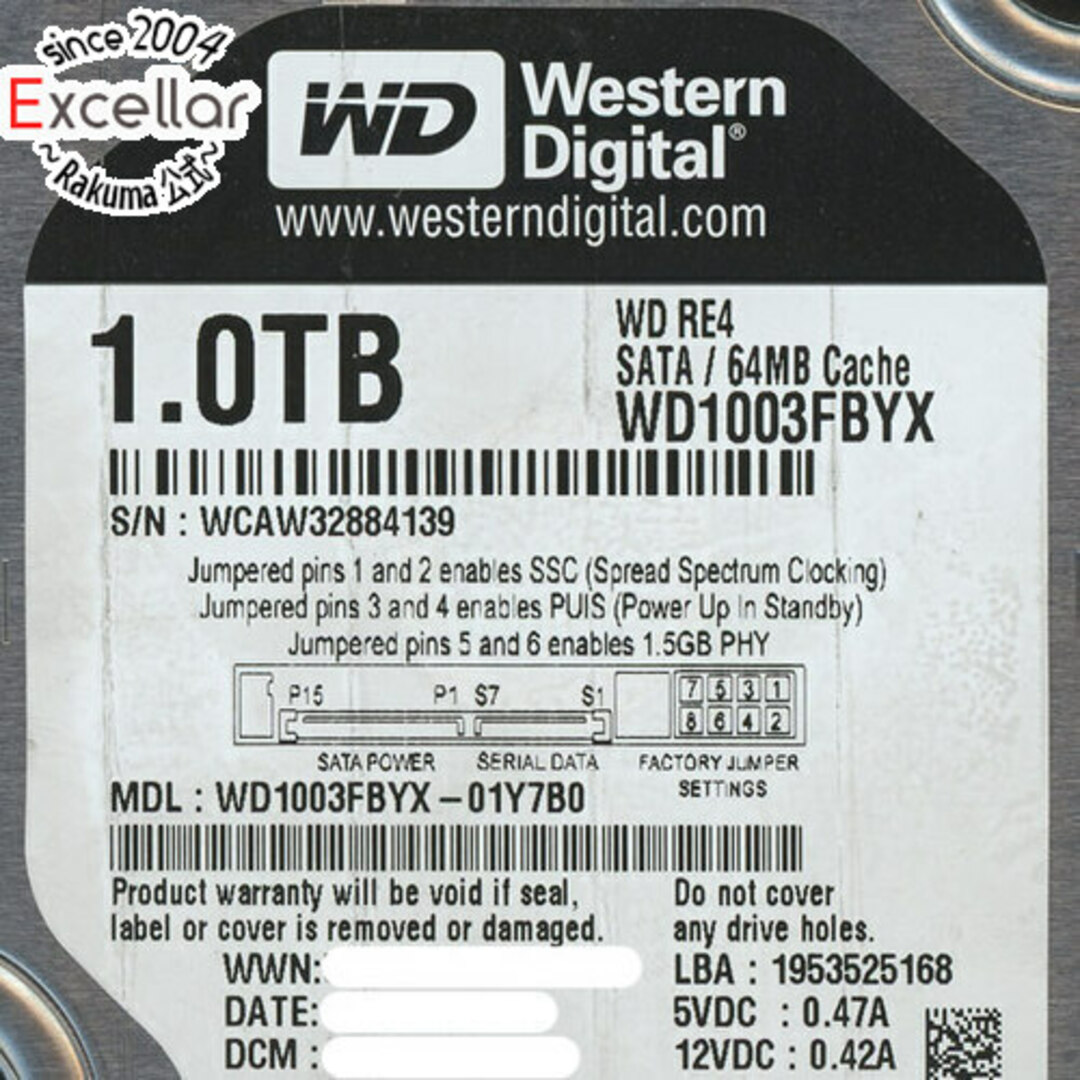 Western Digital(ウエスタンデジタル)のWestern Digital製HDD WD1003FBYX 1TB SATA300 7200 4000~5000時間以内 スマホ/家電/カメラのPC/タブレット(PC周辺機器)の商品写真