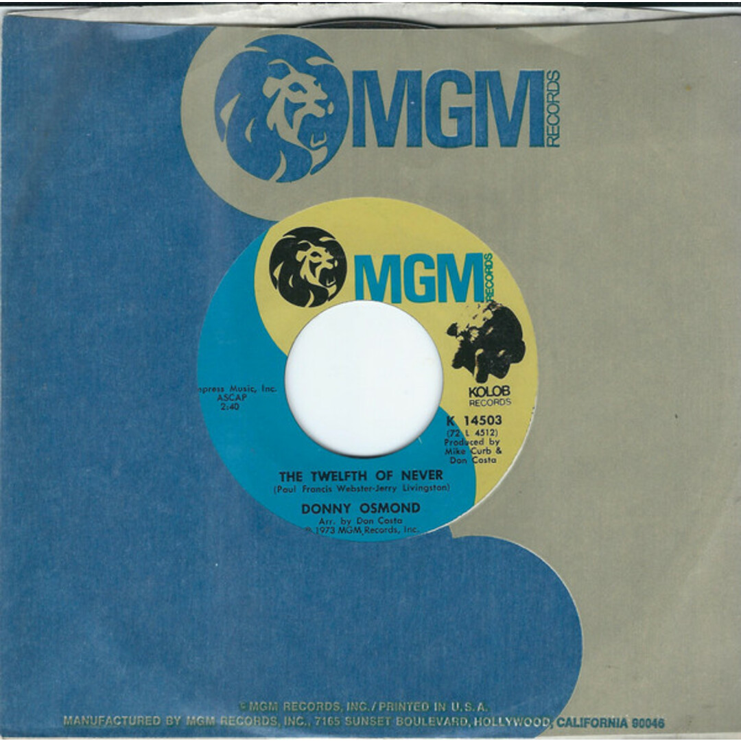 米7” Donny Osmond The Twelfth Of Never / Life Is Just What You Make It K14503 MGM Records /00080 エンタメ/ホビーのエンタメ その他(その他)の商品写真