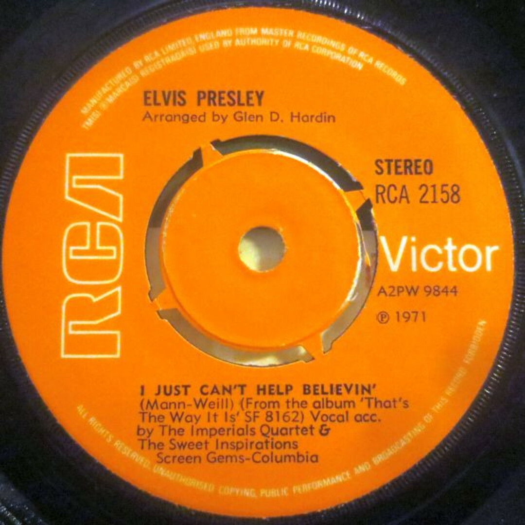 英7” Elvis Presley I Just Cant Help Believin RCA2158 RCA Victor /00080 エンタメ/ホビーのエンタメ その他(その他)の商品写真
