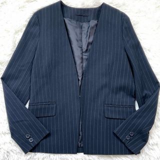 GU - GU ノーカラージャケット ネイビー ストライプ 洗える Sの GU - GU ノーカラージャケット ネイビー ストライプ 洗える Sの