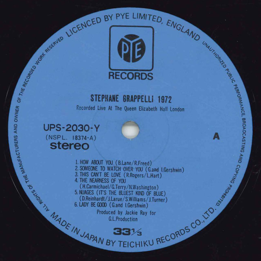 LP Stephane Grappelli Stephane Grappelli 1972 Recorded Live UPS2030Y PYE Japan /00260 エンタメ/ホビーのエンタメ その他(その他)の商品写真