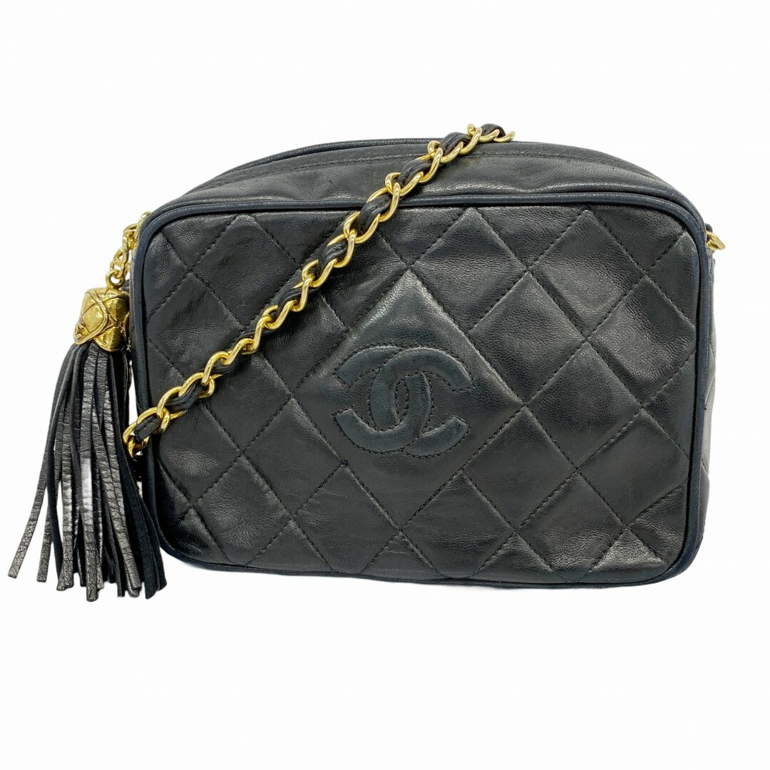 CHANEL - 【5eb1251】シャネル ショルダーバッグ マトラッセ フリンジ付きチェーンショルダー ラムスキン ブラック ゴールド金具【中古】レディース