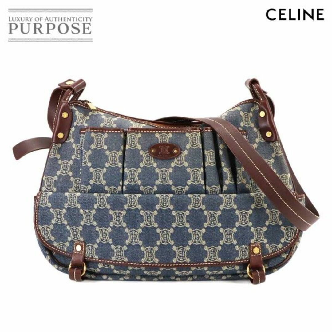 CELINE - 美品 セリーヌ CELINE マカダム ショルダー バッグ デニム レザー ブルー ブラウン ゴールド 金具 Macadam Shoulder Bag 90277107