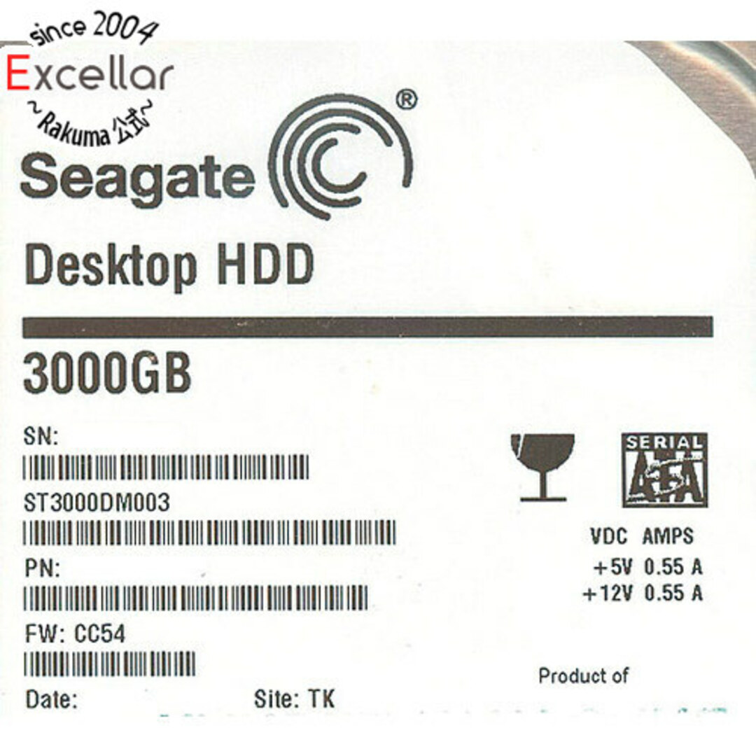 SEAGATE(シーゲイト)のSEAGATE製HDD ST3000DM003 3TB SATA600 5900 0~100時間以内 スマホ/家電/カメラのPC/タブレット(PC周辺機器)の商品写真
