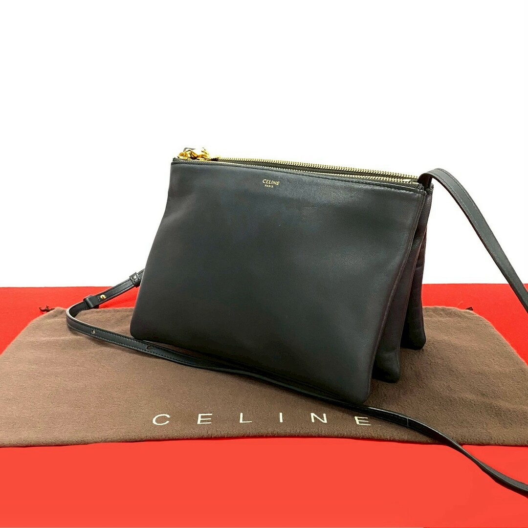 CELINE - 極 美品 袋付き 希少品 CELINE セリーヌ トリオ スモール セリーヌ ロゴ レザー 本革 ミニ ショルダーバッグ サコッシュ グレー 01730