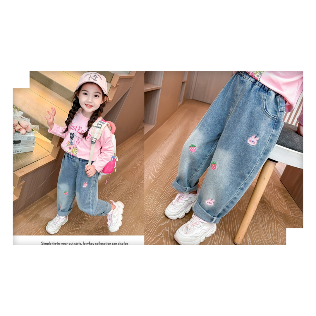 キッズ ワイドデニムパンツ 100 兎柄　ダメージ　ジーンズ　女の子　ダンス韓国 キッズ/ベビー/マタニティのキッズ服女の子用(90cm~)(パンツ/スパッツ)の商品写真