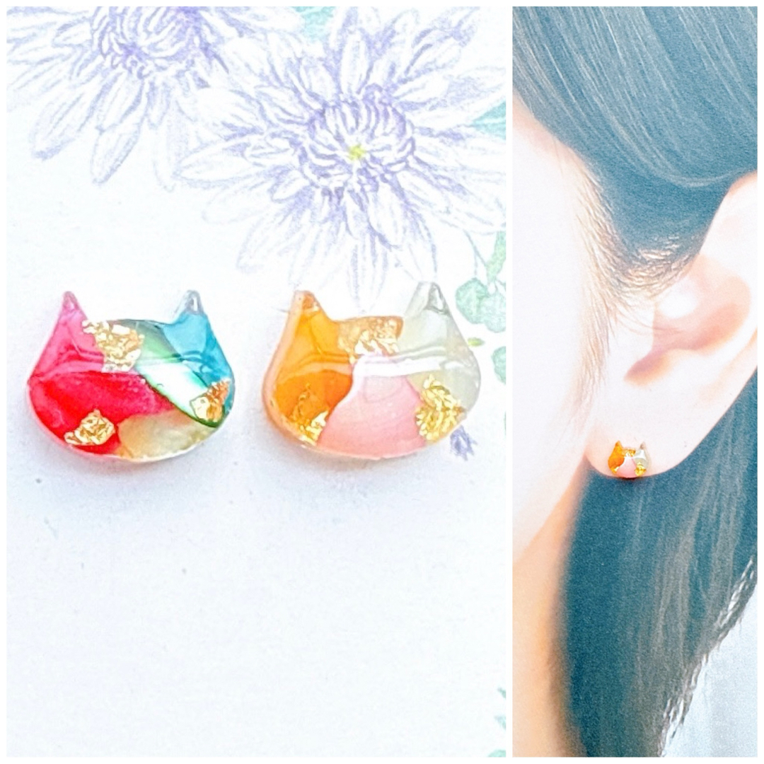 カラフルシェル8mm猫ピアス/イヤリング 人気 再販 ハンドメイドのアクセサリー(ピアス)の商品写真