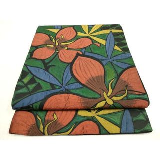 平和屋着物■六通柄袋帯　ふくれ織　草花文　黒地　正絹　逸品　AAAT1189wj(帯)