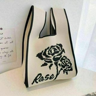 新品 ミニ トートバッグ ニット マザーズバッグ エコバッグ　薔薇　白　ホワイト(エコバッグ)