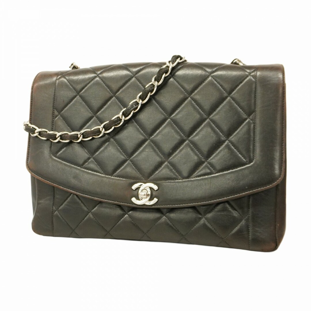 CHANEL - 【5eb1440】シャネル ショルダーバッグ ダイアナ チェーンショルダー ラムスキン ブラック シルバー金具【中古】レディース