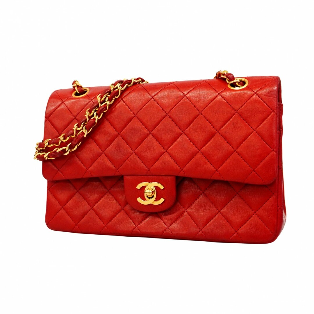 CHANEL - 【5eb1447】シャネル ショルダーバッグ マトラッセ Wフラップ Wチェーン ラムスキン レッド ゴールド金具【中古】レディース