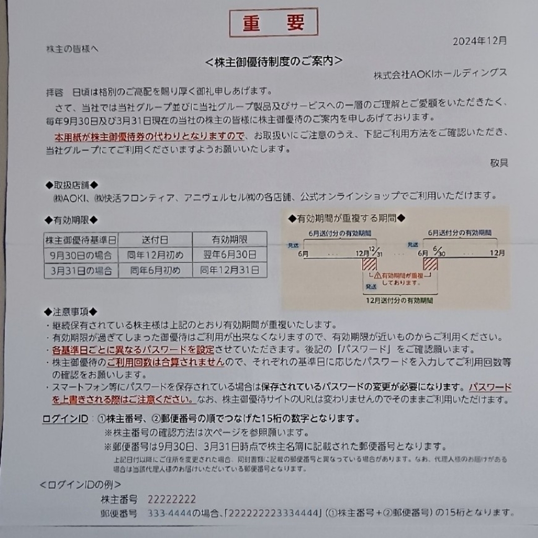 ※訳あり! AOKI 株主優待 チケットの施設利用券(その他)の商品写真