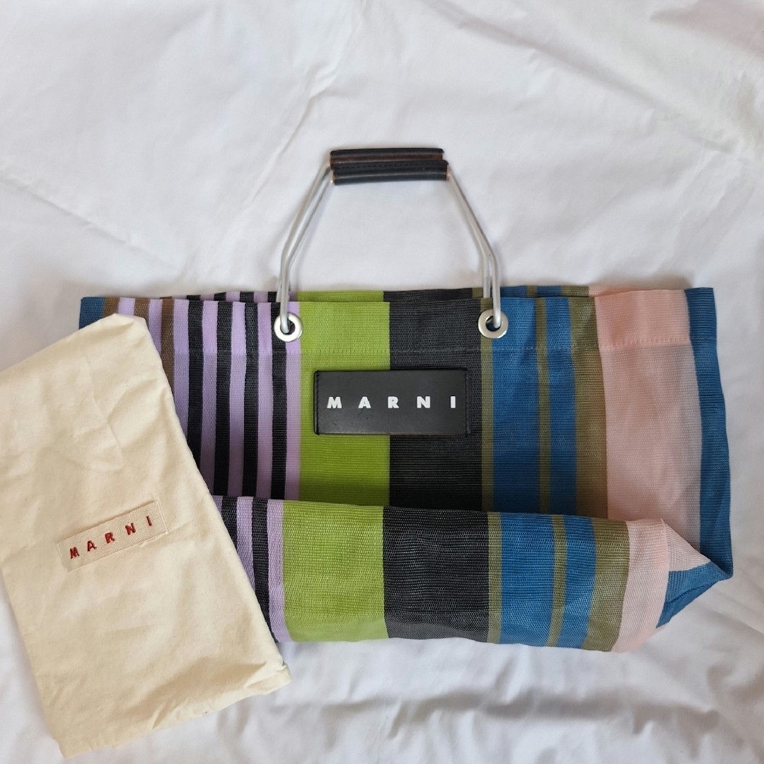 充実の品 MARNI MARKETストライプ トートバッグ ミニ マルチグリーン バッグ