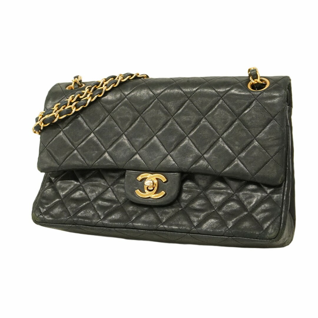 CHANEL - 【5eb1753】シャネル ショルダーバッグ マトラッセ Wフラップ Wチェーン ラムスキン ブラック ゴールド金具【中古】レディース