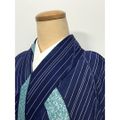 【中古】Sサイズ 化繊 小紋 濃紺絽地に熨斗模様 夏着物