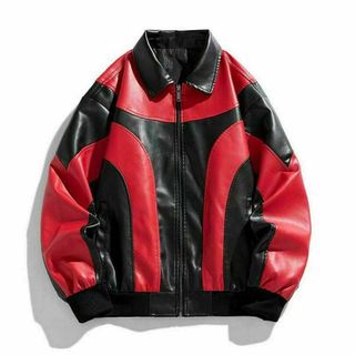 M　レザージャケット 　ライダース　ブルゾン　PU革ジャン　パーカー　赤黒(レザージャケット)