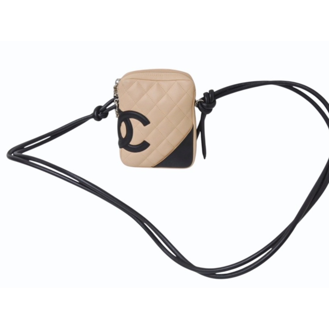 CHANEL - CHANEL シャネル カンボンライン ショルダーバッグ 9番台 ラムスキン ベージュ ブラック シルバー金具 美品 中古 4b001724