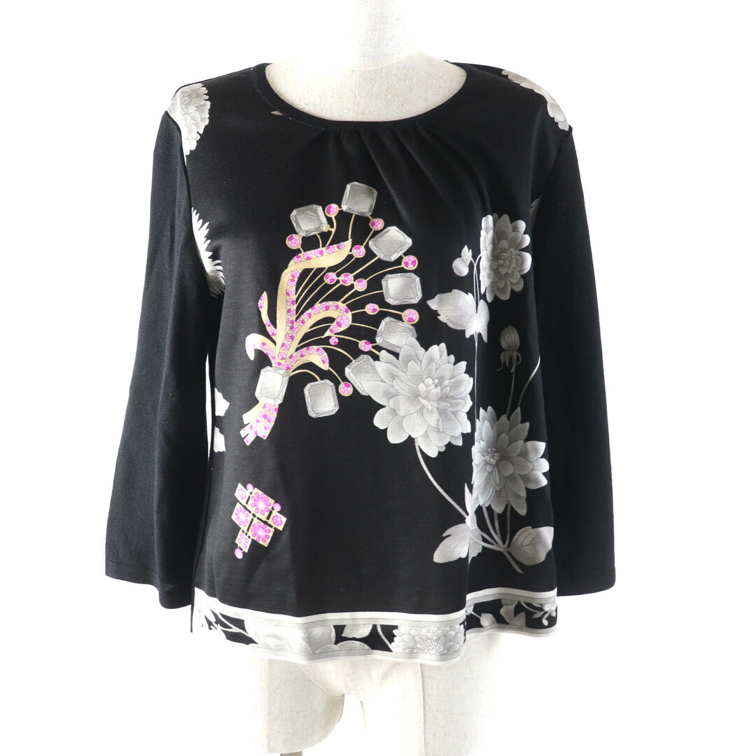極美品★LEONARD FASHION レオナール ファッション 0387717 ウール シルク混 花柄プリント クルーネック 七分袖 ニット ブラック 42 日本製 正規品 レディース