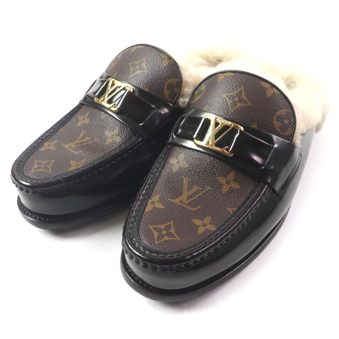 LOUIS VUITTON - 未使用品▼LOUIS VUITTON ルイヴィトン メジャーライン LVロゴ モノグラム レザー ファー ミュール ブラウン ゴールド金具 8M イタリア製 メンズ