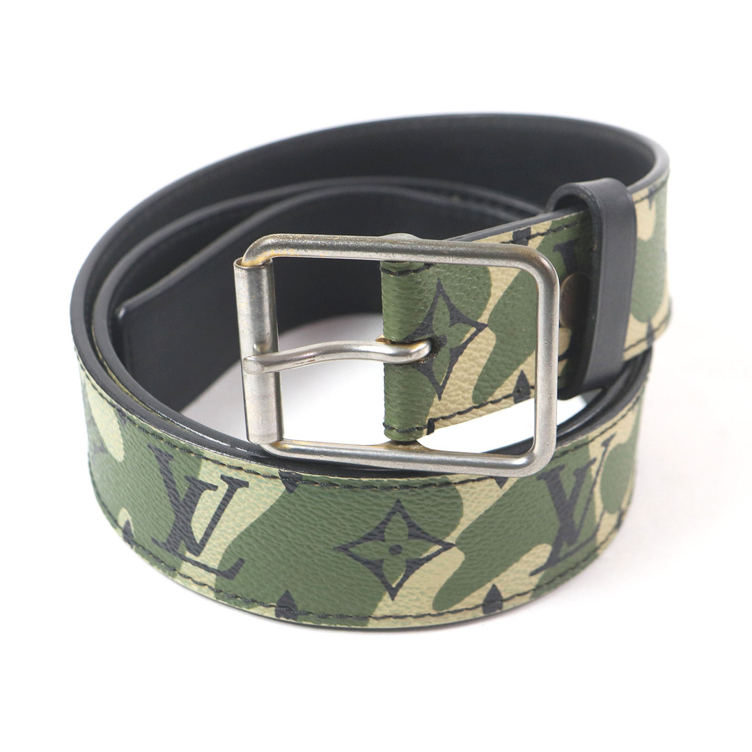 LOUIS VUITTON - 良品□LOUIS VUITTON ルイヴィトン 村上隆 モノグラム LVロゴ カモフラ シルバーピンバックル レザーベルト カーキ フランス製 メンズ