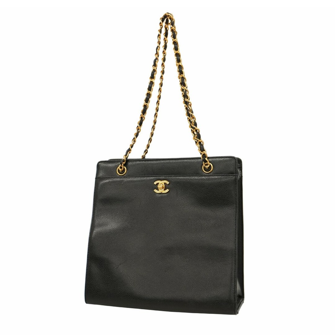 CHANEL - 【5eb1828】シャネル トートバッグ キャビアスキン チェーン ブラック ゴールド金具【中古】レディース