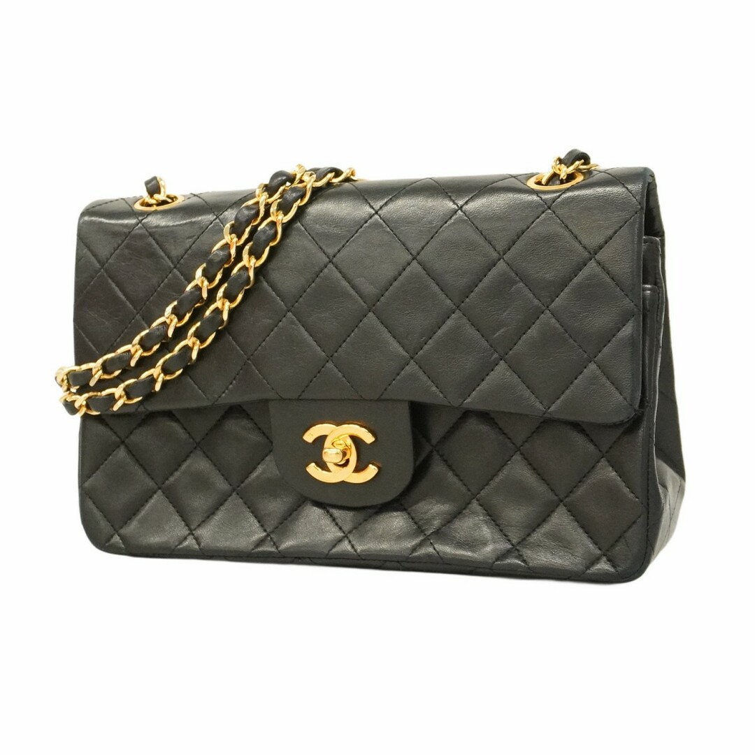 CHANEL - 【5eb1962】シャネル ショルダーバッグ マトラッセ Wフラップ Wチェーン ラムスキン ブラック ゴールド金具【中古】レディース
