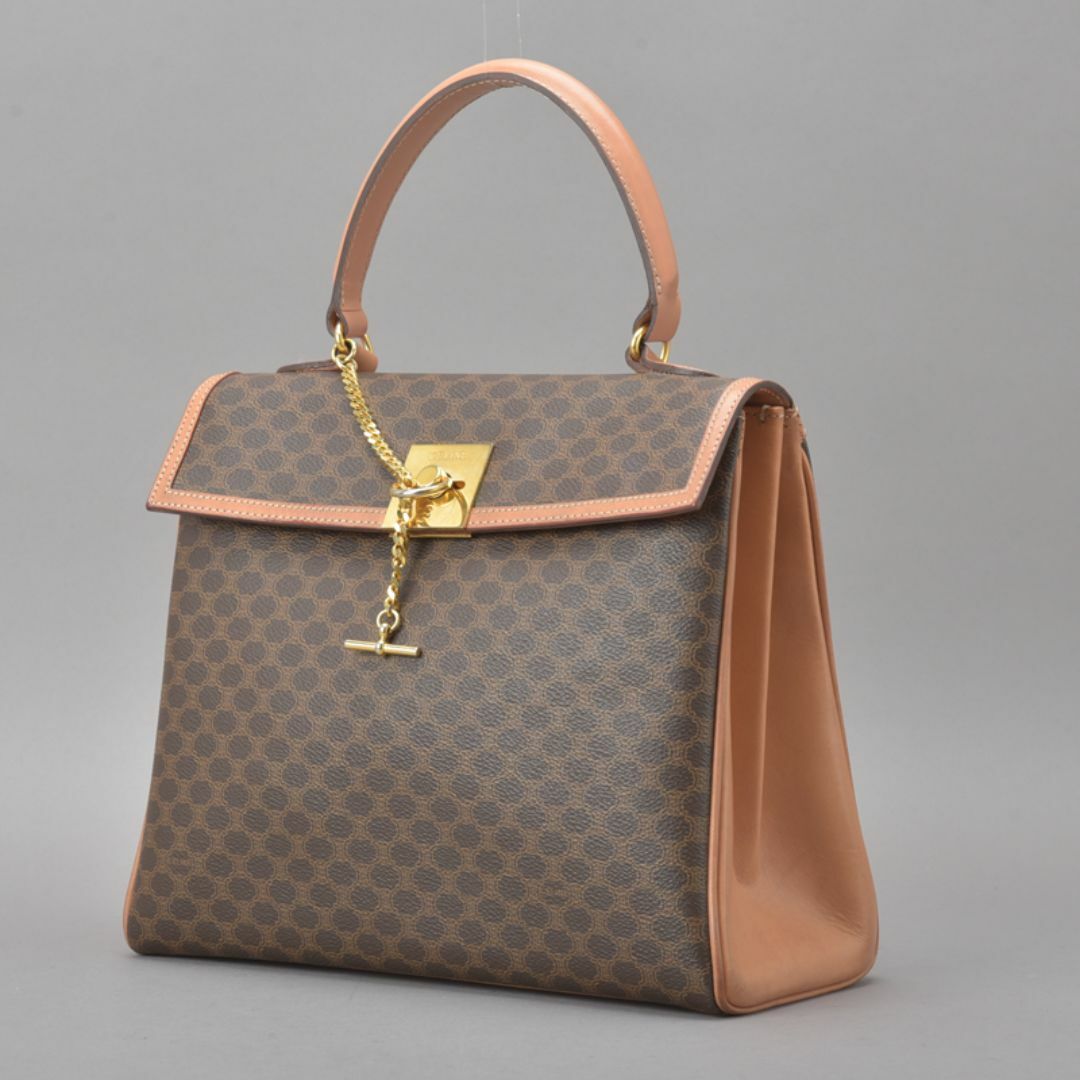 CELINE - セリーヌ◇マカダム ハンドバッグ マンテルチェーン リング金具 レザー ブラウン