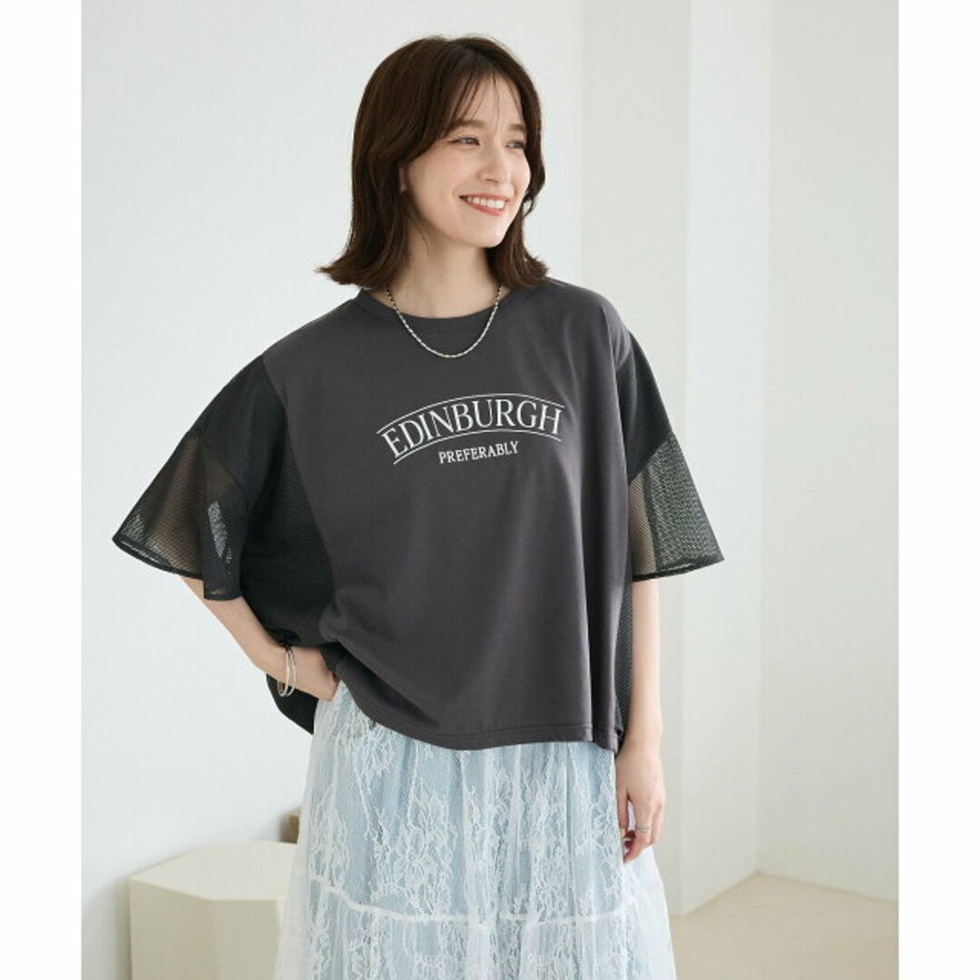 green parks(グリーンパークス)の【チャコールグレー】【F】袖メッシュドッキングロゴプルオーバー レディースのトップス(カットソー(長袖/七分))の商品写真