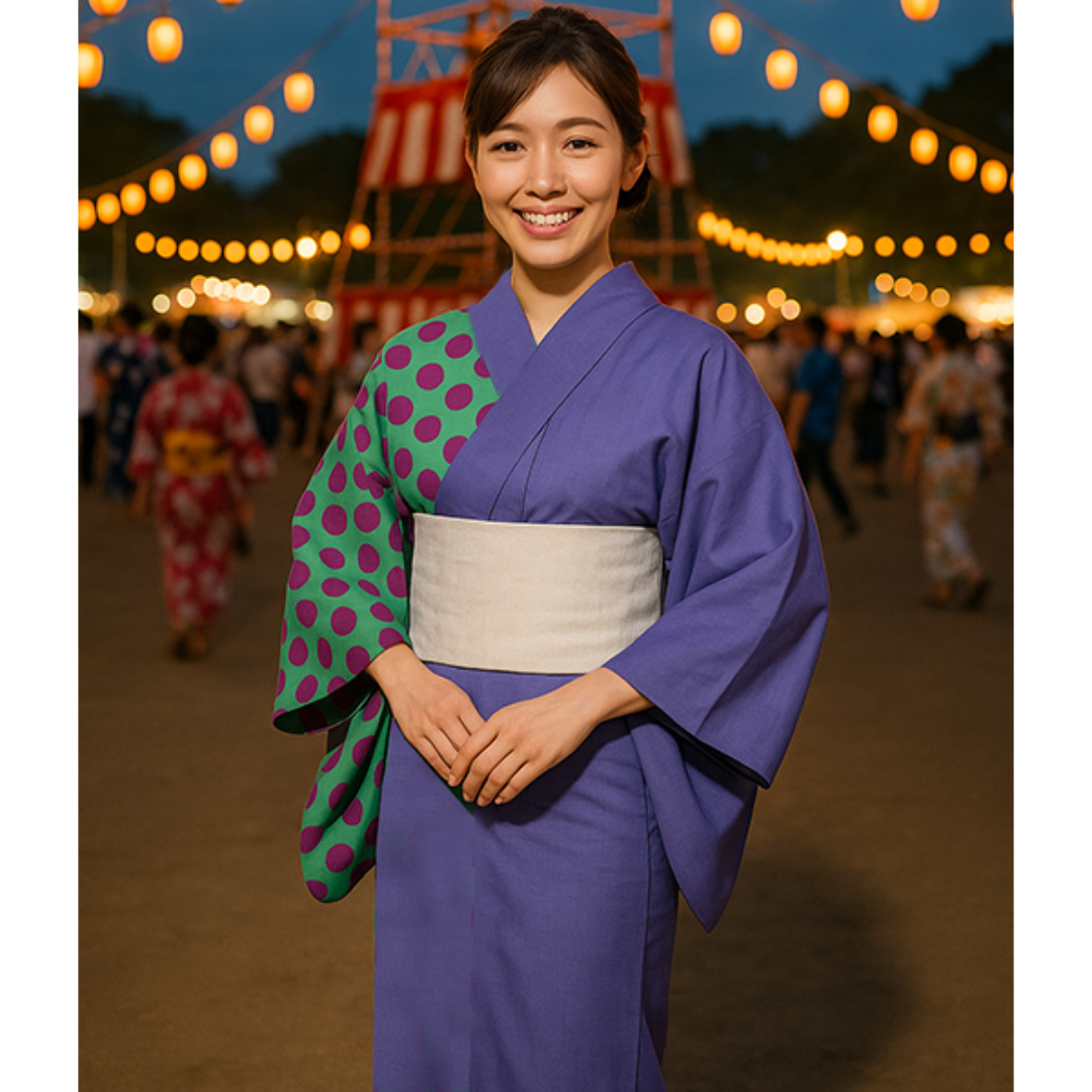 浴衣 単品 女性用 日本製 綿100％ 紫色×緑色 水玉模様 NO42131