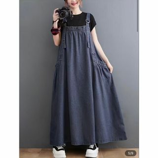 ❤️デニム サロペットワンピース ブルー タグなし 新品 高身長さんにも(ロングワンピース/マキシワンピース)