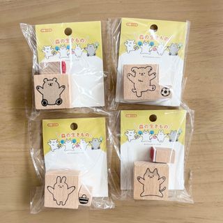 セリア(Seria)の匿名配送★ セリア　木製ハンコ　4種　森の生きもの　キャンドゥ(はんこ)