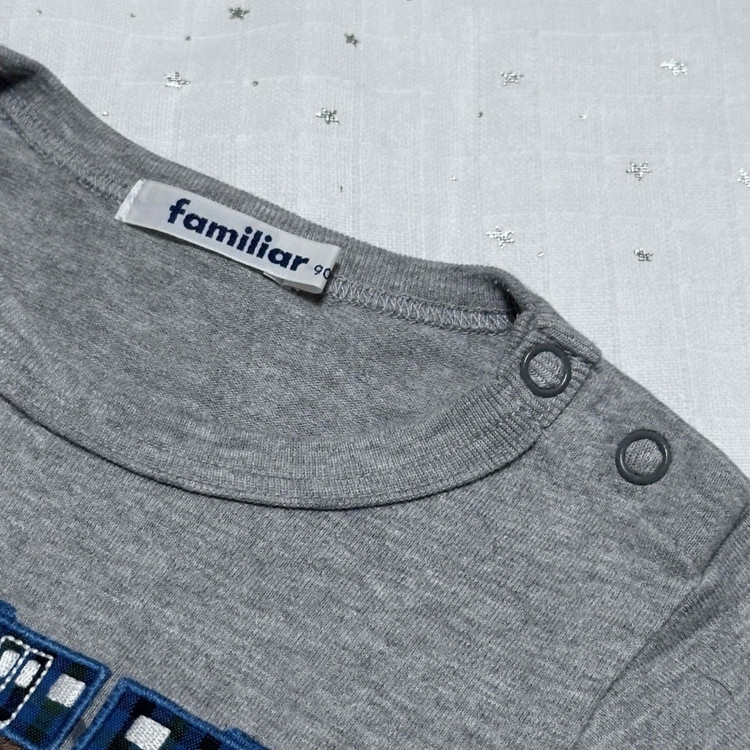 familiar - ファミリア 半袖 Tシャツ 電車 刺繍 青系チェック 90