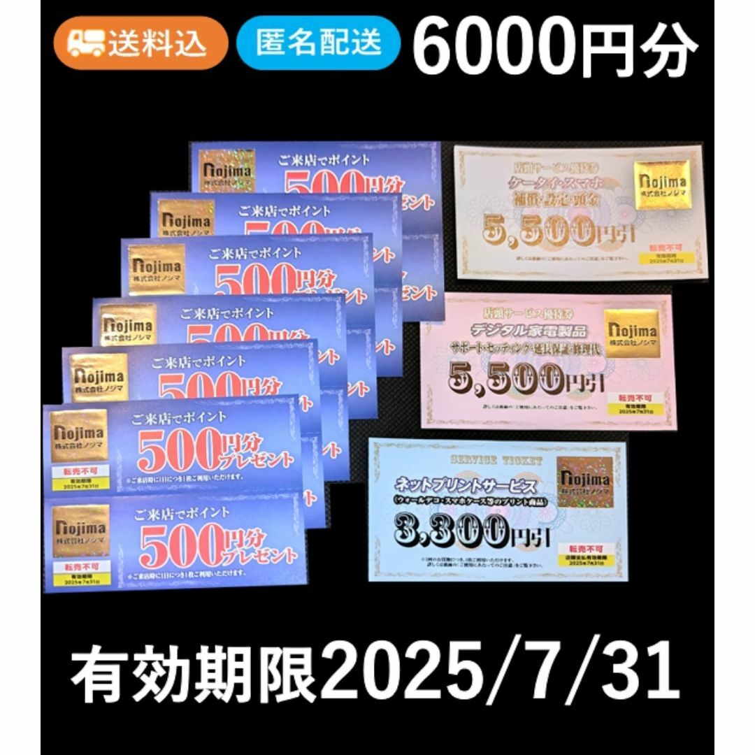 ノジマ 株主優待券 6000円分+α 匿名配送 送料込 チケットの優待券/割引券(ショッピング)の商品写真