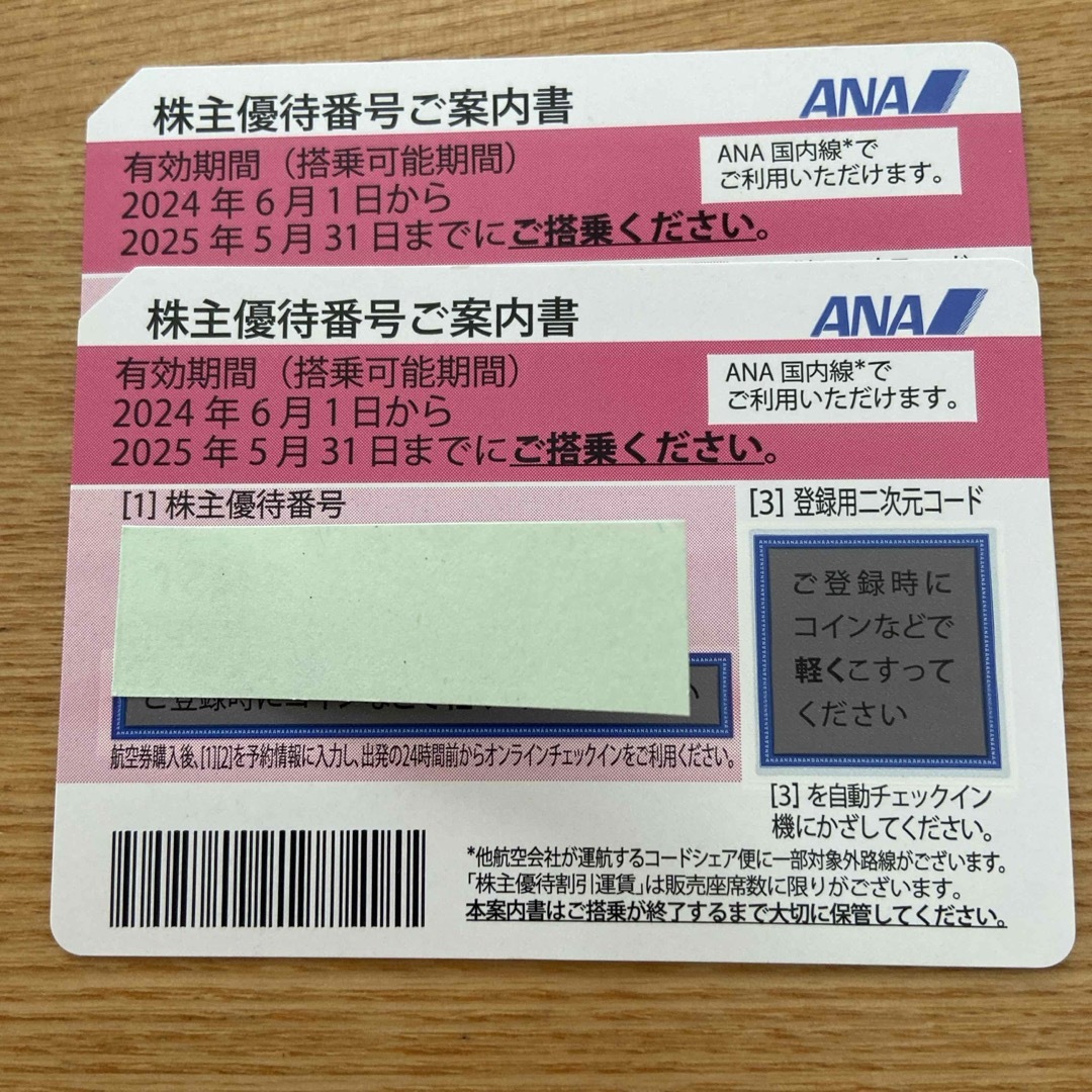 ANA(全日本空輸)(エーエヌエー(ゼンニッポンクウユ))のANA株主優待券2枚まとめて 5月末まで! チケットの乗車券/交通券(航空券)の商品写真