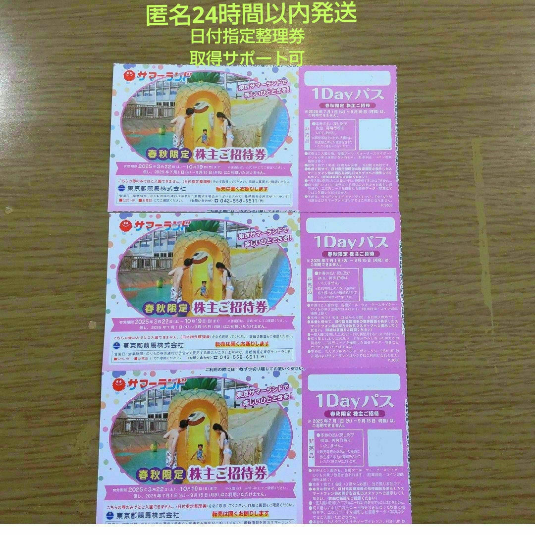 東京サマーランド 株主優待ご招待券 1Dayパス フリーパス春秋限定3枚 チケットの施設利用券(遊園地/テーマパーク)の商品写真