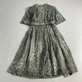 ヴィンテージ(VINTAGE)のヴィンテージ　ワンピース　半袖 総レース ベルト 花柄 ロング丈 プリーツ(ロングワンピース/マキシワンピース)