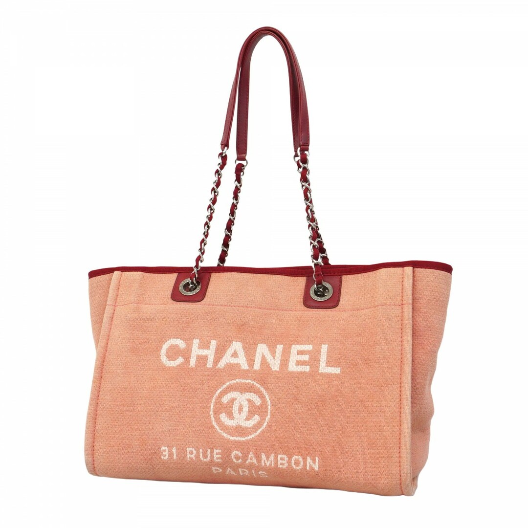 CHANEL - 【5eb2286】シャネル トートバッグ ドーヴィル チェーンショルダー キャンバス ピンク ボルドー シルバー金具【中古】レディース