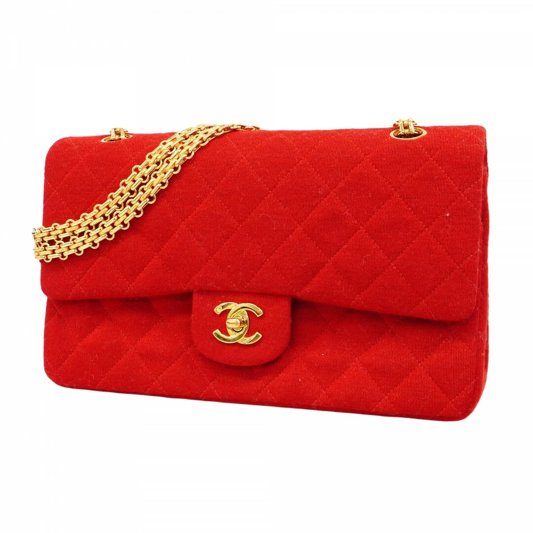 CHANEL - 【5eb2287】シャネル ショルダーバッグ マトラッセ Wフラップ Wチェーン ジャージー レッド ゴールド金具【中古】レディース