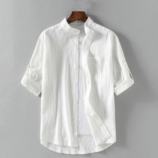 新品 ホワイト リネン風 バンドカラーシャツ メンズ カジュアル 無地 シンプル(シャツ)