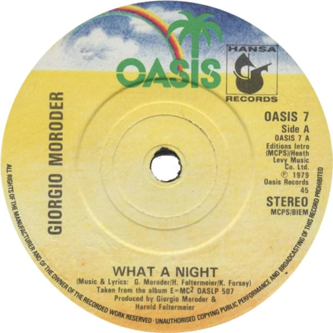 英7” Giorgio Moroder What A Night / If You Werent Afraid OASIS7 Oasis /00080 エンタメ/ホビーのエンタメ その他(その他)の商品写真