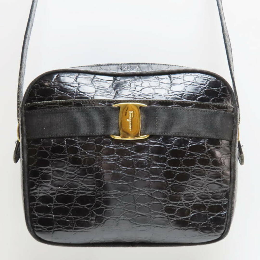 Salvatore Ferragamo - S04-k152 Salvatore Ferragamo サルヴァトーレフェラガモ ヴァラリボン クロコ型押し レザー ショルダーバッグ ブラック